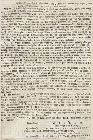 Koninklijk Besluit van 8 november 1825 omtrent het aannemen van vaste geslachtsnamen. Bijvoegsel behorende tot de Groninger Courant van 25 november 1825. Bron: Delpher