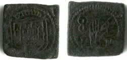 muntgewichtje voor de gouden 1 Cruzado van Portugal, gedateerd 1587. Vz: blokbeeldenaar voor 1 Cruzado...Kz: Handje van Antwerpen + 87 + makersinitialen I - T