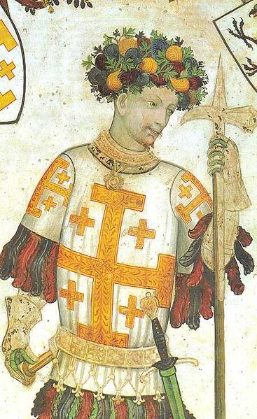 Bestand:Godfrey of Bouillon, holding a pollaxe. (Manta Castle, Cuneo, Italy).jpg