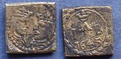 I A B Isaac Abrahamsen of Amsterdam, Spain Excelente with crowned busts of King & Queen facing each other star above rev. crown above IAB 1645 square 15mm. 3.37gm. Some black encrustation which will clean off – the brass is not corroded underneath