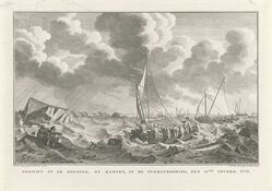Overstroming bij Kampen op 15 november 1775. Links bezwijkt een huis waarin een moeder met kind om hulp roept. Op de voorgrond zitten drie mensen op het dak van een huis. Zeilschepen proberen mensen en vee te redden. Aan de horizon de stad Kampen.