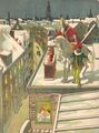 Sinterklaas op de schoorsteen. Illustratie gemaakt door Petrus van Geldorp en verschenen in de editie van 1907[14]. Op de achtergrond de Westerkerk van Amsterdam en het Paleis op de Dam.