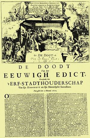 Het Eeuwig Edict van 1667, dat de toegang van Oranje tot de regering van de Staten moest blokkeren, werd in 1674 triomfantelijk weer opgeheven, toen Willem III tot erf-stadhouder werd benoemd