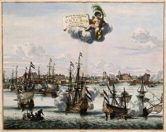In 1663 verovert de VOC de stad Cochin op de Portugezen. (Coenraet Decker, 1682) (uit Atlas Van der Hagen)