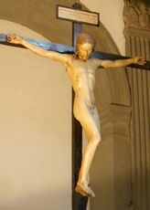 Crocifisso di Santo Spirito van Michelangelo Buonarroti in Florence, een van de zeldzame crucifixen waarbij Jezus geen lendenschort draagt. Zie ook Crucifix (Michelangelo)