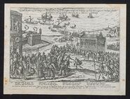 Aankomst van de hertog van Anjou te Antwerpen op 19 en 22 februari 1582 (Prentenkabinet Universiteit Antwerpen)