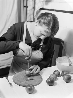 Nell Langlais snijdt met een appelboor de klokhuizen uit de appels voor de appel, Bestanddeelnr 189-1082.jpg