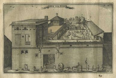 De VOC-factorij in het Indiase Suratte. (Pieter van den Broecke, 1629)