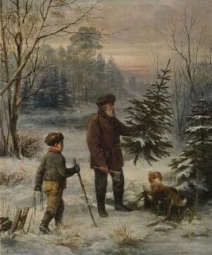 Een vader kapt een kerstboom met zijn zoon – Franz Krüger