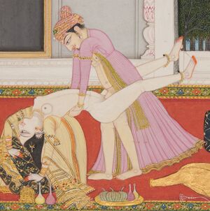Penile-vaginal intercourse in art detail, India, Basohli - An amorous couple, probably Raja Mahendra Pal of Basohli (r. 1806- 1813) wi - 2018.84 - Cleveland Museum of Art.jpg