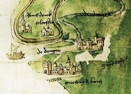 Afb. 3. Schematische weergave van het kasteel van Geertruidenberg. Detail van een anonieme kaart uit 1520. Bovenzijde is het oosten. De kaart bevindt zich in de Bibliotheek Rijksuniversiteit Leiden.