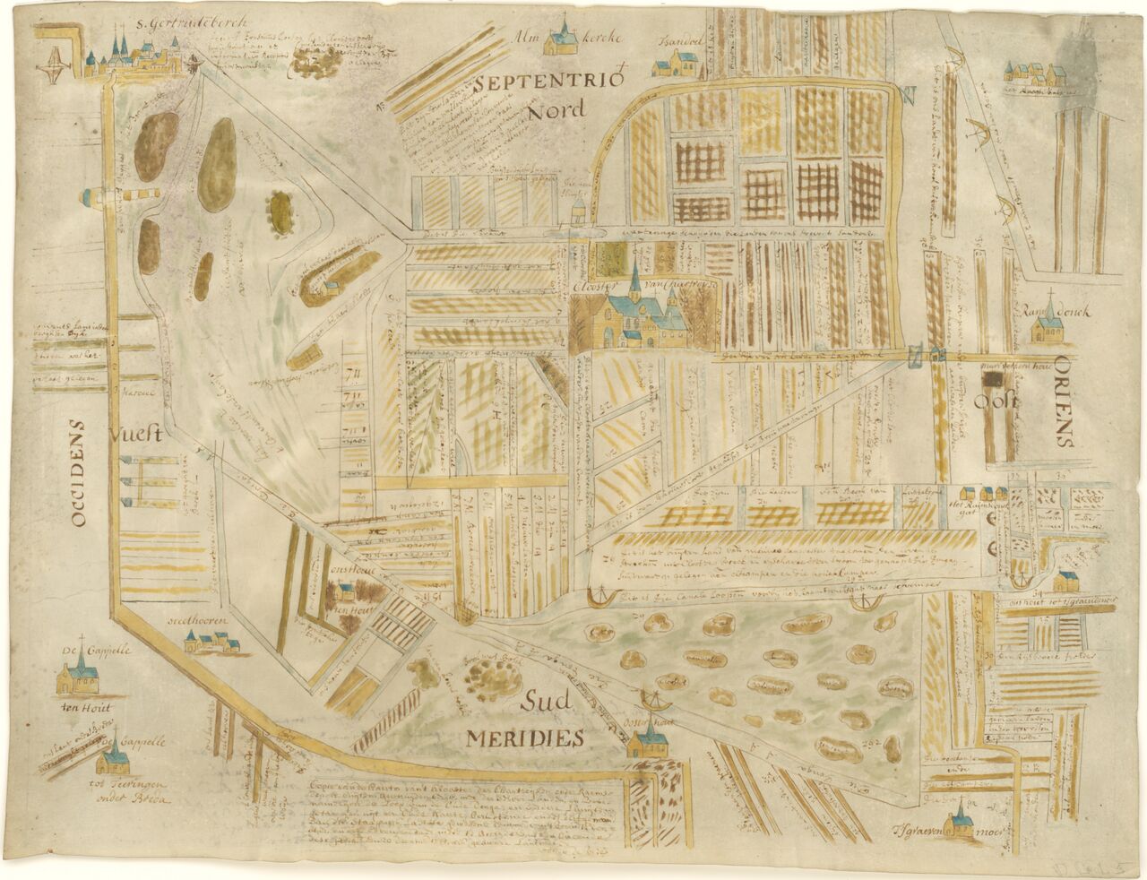 Kopie van een kaart van de kloostergoederen van de Kartuizers bij Geertruidenberg gelegen in het gebied Geertruidenberg, Oosterhout, 's-Gravenmoer, Raamsdonk en Almkerk met o.a. afbeeldingen van kerken in genoemde plaatsen en van het klooster. Linksboven eerste verantwoording, middenonder titel. Rug: verklaring van Peters Wouwerman, prior te Antwerpen, dat de kaart overeenstemt met het origineel (1726)., 1550