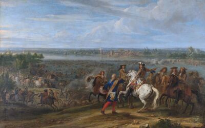 Lodewijk XIV steekt bij Lobith de Rijn over, waarmee het Rampjaar voor de Republiek écht losbarstte. Adam Frans van der Meulen, Public domain, via Wikimedia Commons