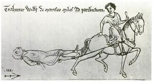 William de Marisco wordt achter een paard door de stad getrokken als deel van zijn executie (13e eeuw). Tekening uit de dertiende-eeuwse kroniek van Matthew Paris, Public domain, via Wikimedia Commons