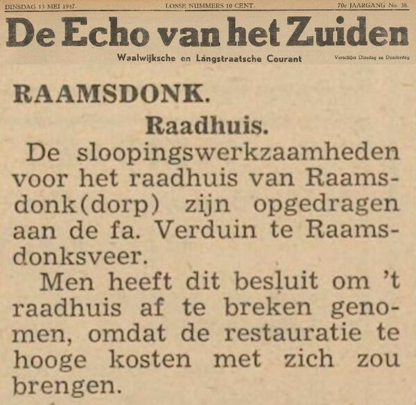 Echo van het Zuiden - dindag 13 mei 1947 - Sloop Raadhuis van Raamsdonk