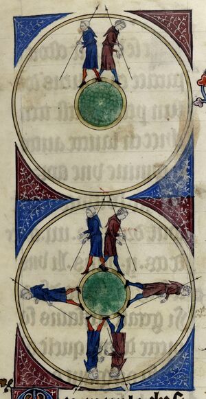 Middeleeuwse artistieke illustratie van de bolvormige aarde in een 14e-eeuwse kopie van L'Image du monde (ca.1246)