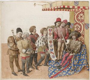 Prent f11r: De wapenkoning toont aan de hertog van Bourbon (de défendant) een perkamenten rol met de wapens van 8 rechters-schilddragers (esquiers) waaruit hij er vier mag kiezen.