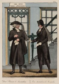 Twee Amsterdamse aansprekers voor een wijnlokaal, 19e eeuwse prent