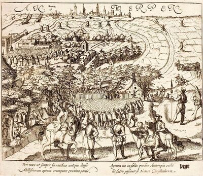 Hagenpreken buiten Antwerpen, 1566, anoniem, naar Frans Hogenberg, 1613 - 1615