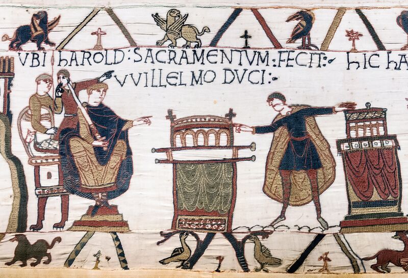 Bestand:Bayeux Tapestry scene23 Harold sacramentum fecit Willelmo duci.jpg