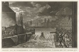 Overstroming van de sluis in Delfshaven op 14 november 1775.