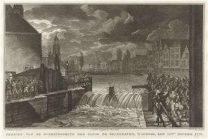 Overstroming van de sluis in Delfshaven, 1775 Gezicht van de overstrooming der sluis te Delfshaven, 's avonds, den 14den novemb. 1775 (titel op object), RP-P-OB-84.964.jpg