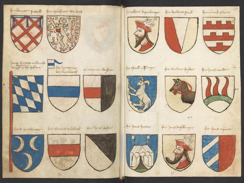 Bestand:Wapenboek Beyeren (armorial) - KB79K21 - folios 046v (left) and 047r (right).jpg