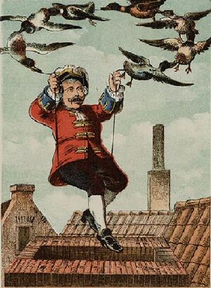 De baron vliegt met de eenden door de lucht. Lithografie Emrik & Binger (DBNL)