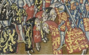 Jan II vs. Edward I tijdens een toernooi in Engeland. KB, Brussel, ms IV 684 f. 44r.