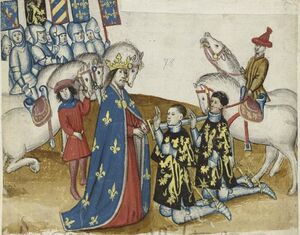 Ridderslag van Jan I van Brabant en zijn broer Godevaart. KB, Brussel, ms. IV 684 f. 43r.