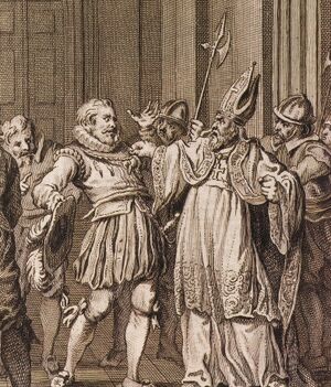 De bisschop van Utrecht, David van Bourgondië rukt de ridderorde van het Gulden Vlies van de nek van Reinoud II van Brederode
