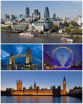 Boven: Skyline van City of London, Midden links: Tower Bridge, Midden rechts: London Eye, Onder: Palace of Westminster.