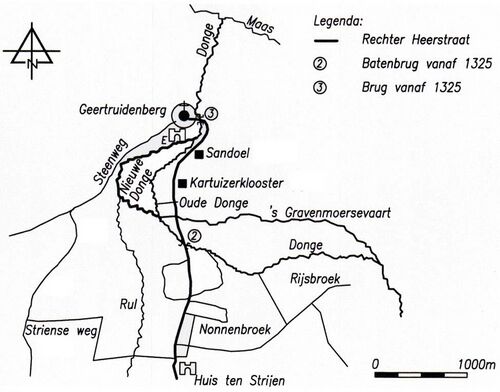 Afb. 1. Situatie in de 14e eeuw van de omgeving van het kasteel (E) van Geertruidenberg (zie hiervoor ook Zijlmans 2004, 67). Tekening auteur/Natasja Broeken.