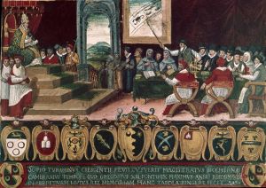 Paus Gregorius XIII zit de kalendercommissie voor (Bicchernatablet 72, Siena, 1582)