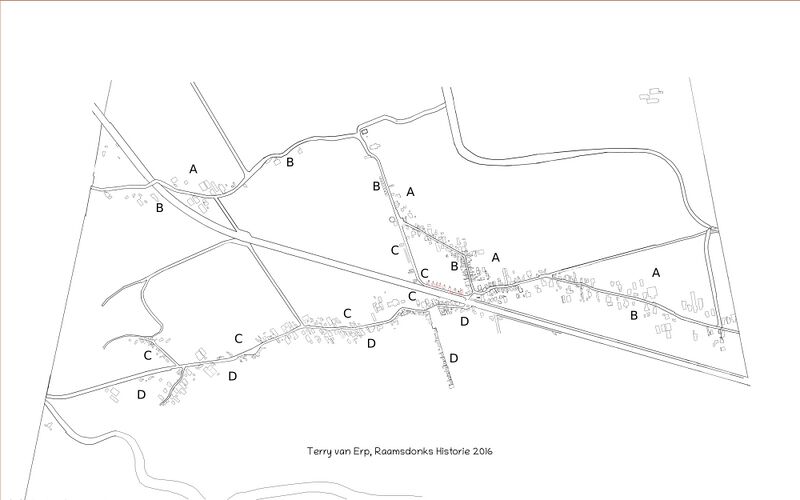 Kaart van Raamsdonk behorende bij de omnummering van 1 januari 1949, hierop aangegeven waar de letters van de wijken zich bevonden. - Terry van Erp, Raamsdonks Historie 2016
