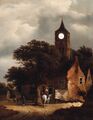 Reizigers bij een herberg aan de rand van een dorp, een kerk voorbij, Roelof Jansz. van Vries