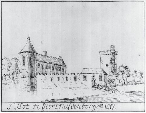 Afb. 5. Fictieve weergave van het kasteel van Geertruidenberg door Gerrit Schoemaker (18e eeuw). De tekening bevindt zich in de Brabant Collectie van de Universiteit van Tilburg.