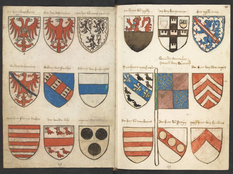 Bestand:Wapenboek Beyeren (armorial) - KB79K21 - folios 009v (left) and 010r (right).jpg