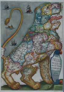 tLeo Belgicus op de titelpagina van het boek Famiano Strada: De Bello Belgico decas prima (1632-1651) over de eerste tien jaar van de Tachtigjarige Oorlog