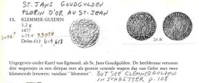 Nederland, klemmergulden 2,67 gram, 15,45 mm, 15,66 mm, 2,09 mm dik VZ wapen met twee leeuwen (= Gelderland) KZ cirkel van puntjes met handje (vroeg Antwerps merkje zonder initialen.) Coinwate: "Het is de Klemmergulden. Waarom? De munt voor de halve reaal voor Filips II 1557-1598, toond een dubbele adelaar op een bladerkruis. Dat was de munt van keizer Karel V 1521-1556. De munt van zijn zoon, Filips II, toond hem naar links of rechts, met H R voor halve reaal. Ook GR voor Gouden reaal op gewichten voor het halve. De Klemmergulden moet niet altijd de 4 wapens toonen, het was enoeg de beide leeuwen (klimmende leeuwen, dus de naam.) Dat was ook genoeg voor dit vroege onbekende Antwerpenaar."