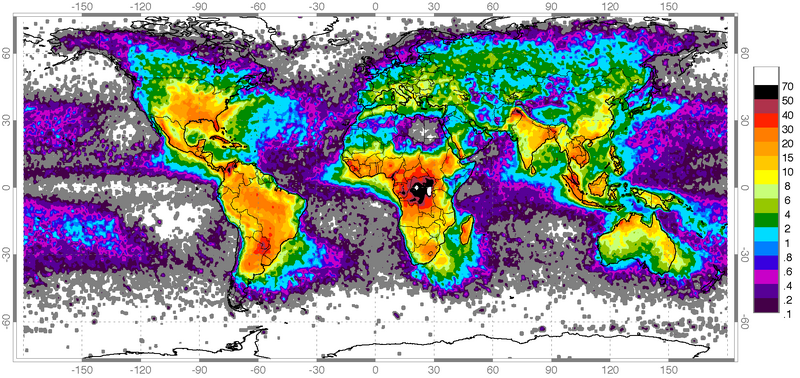 Aantal ontladingen per km²/jaar (bron: NASA) Merk op: In de poolgebieden komt bliksem maar zelden voor.