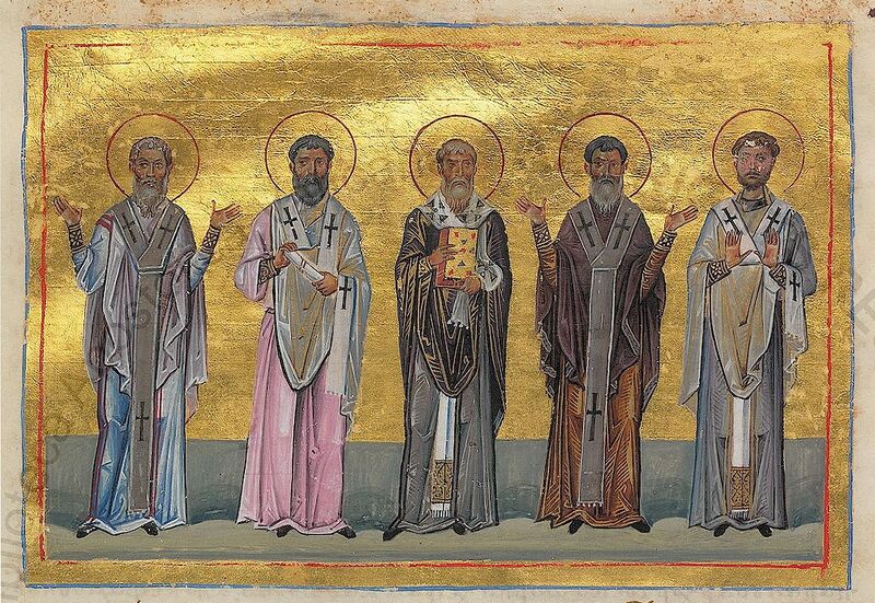 Bestand:Patrobulus, Hermas, Linus, Caius, Philologus of 70 disciples (Menologion of Basil II).jpg