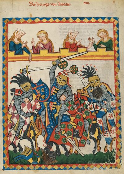 De hertog van Anhalt tijdens een mêlée toernooi. De dames becommentariëren de prestaties van de ridders. Universiteitsbibliotheek Heidelberg, Manesse-codex f. 17r.