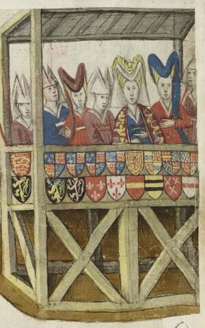 Adellijke dames op de eretribune bij een toernooi. Koninklijke Bibliotheek, Brussel, ms. IV 684 f. 43v