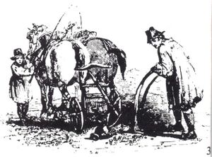 (3) Gravure (19e eeuw, Engeland, door S. W.) van een ploegende boer die een muntvondst doet.