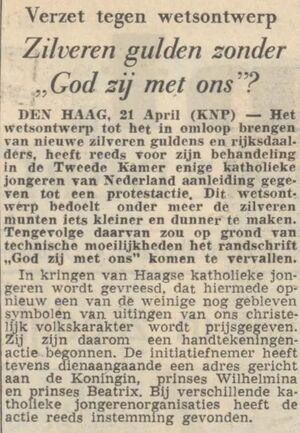 Ophef in 1953 Guldens zonder God zij met ons De Volkskrant 23-04-1953 Delpher