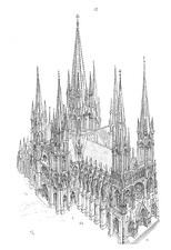 Gotische kathedraal met 7 spitsen en talloze pinakels door Eugène Viollet-le-Duc.