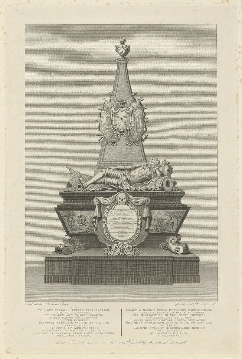 Graftombe Menno van Coehoorn, Jacob Ernst Marcus, naar Harmanus Jansz Vinkels, 1819. Bron: www.rijksmuseum.nl