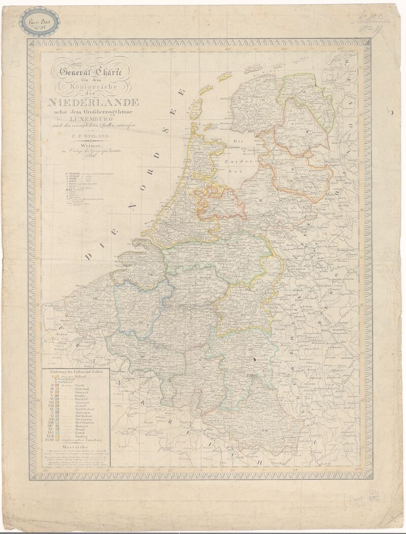 Kaart van Nederland, België en Luxemburg. Met gradenverdeling, graadnet en legenda (I-XVIII en symbolen)., 1820 - Auteur: Weiland, C.E.