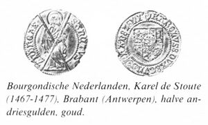 Bourgondische Nederlanden, Karel de Stoute (1467 - 1477), Brabant (Antwerpen) halve andriesgulden, goud.